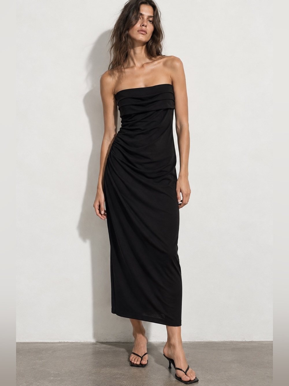 Zara Black Ruched Bandeau Midi Dress